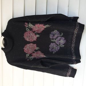 Vtg 80s Sweater Bay point threads size large black flowers